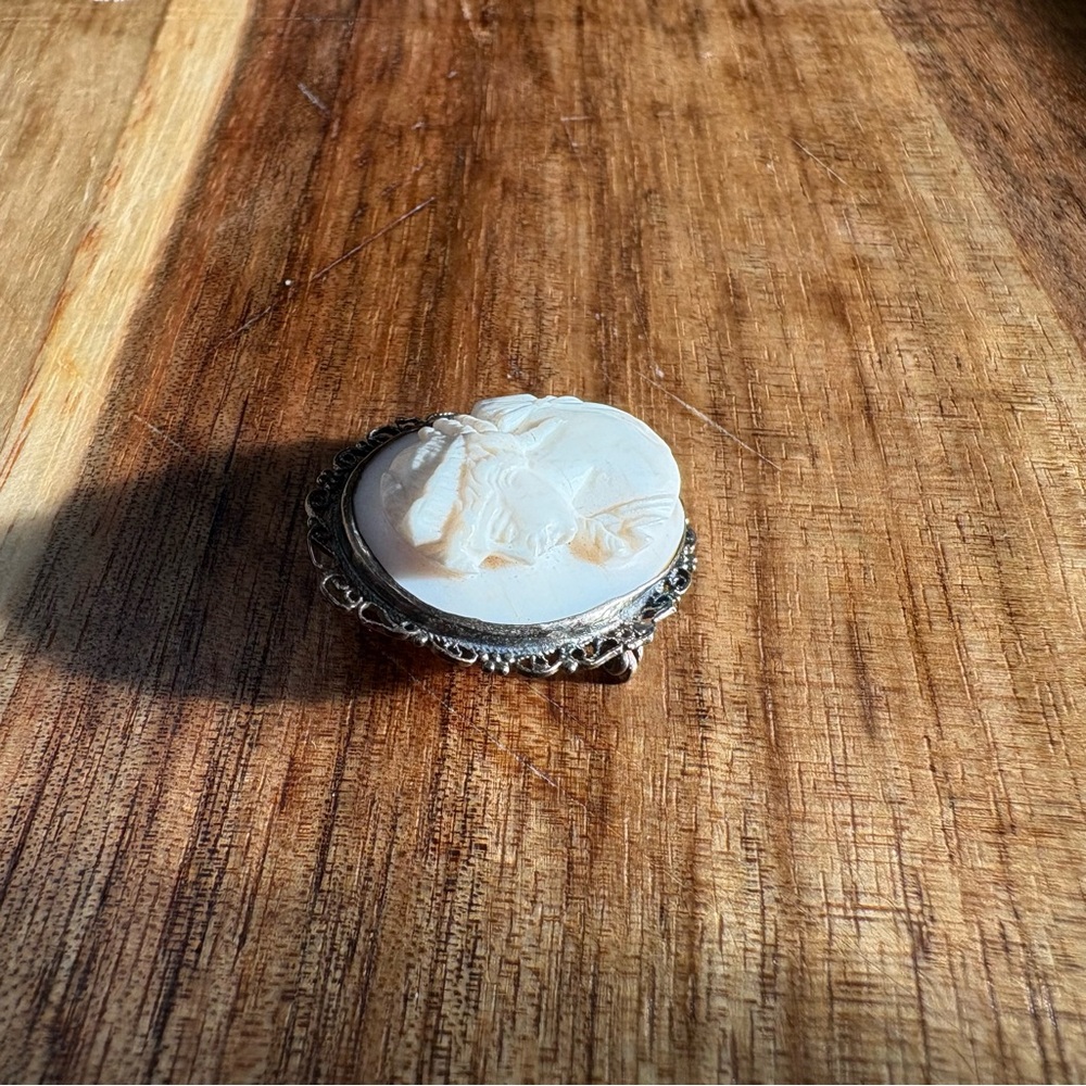 2/$25 Petite Vintage Cameo Brooch – Carved Detail, Silver Filigree Frame - Picture 2 of 5